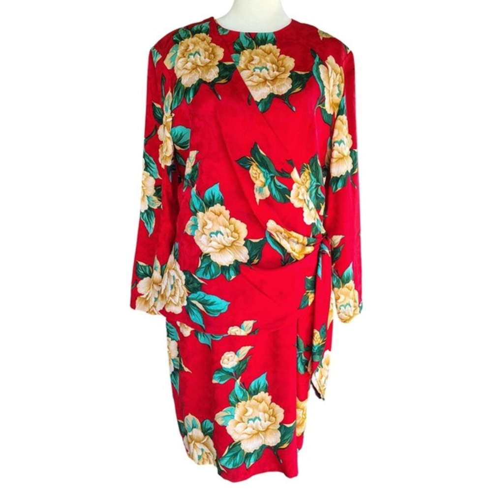 Vintage 80s Maggy London Dress Size 8 100% Silk Red Floral Wrap Cocktail Party